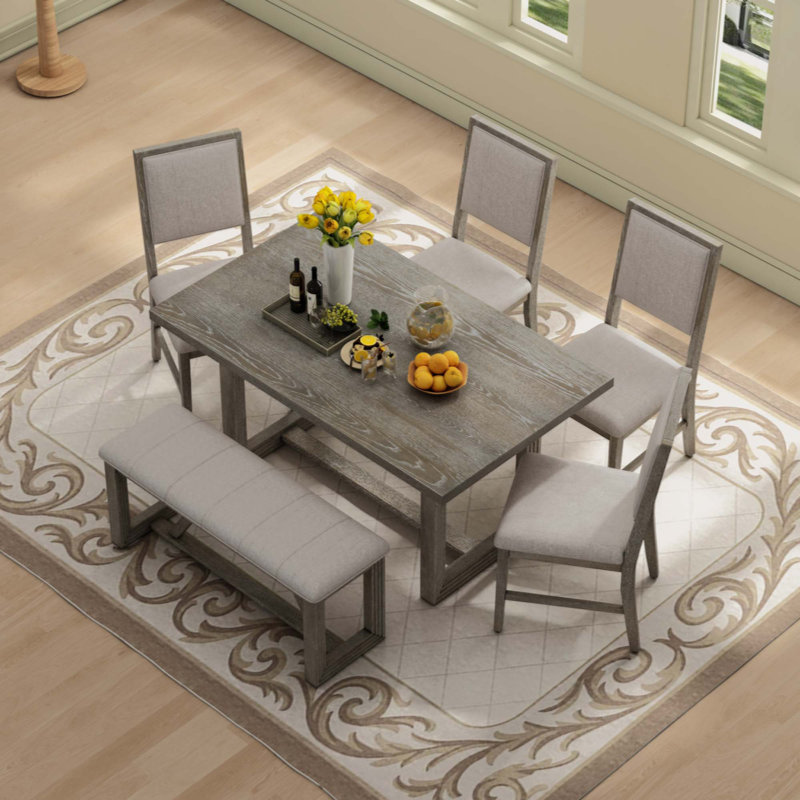 Ophelia Co. 6 Piece Retro Dining Set 1 Rectangular Table With Designed Trestle Base And 4 Upholstered Chairs And 1 Bench For Dining Room And Kitche